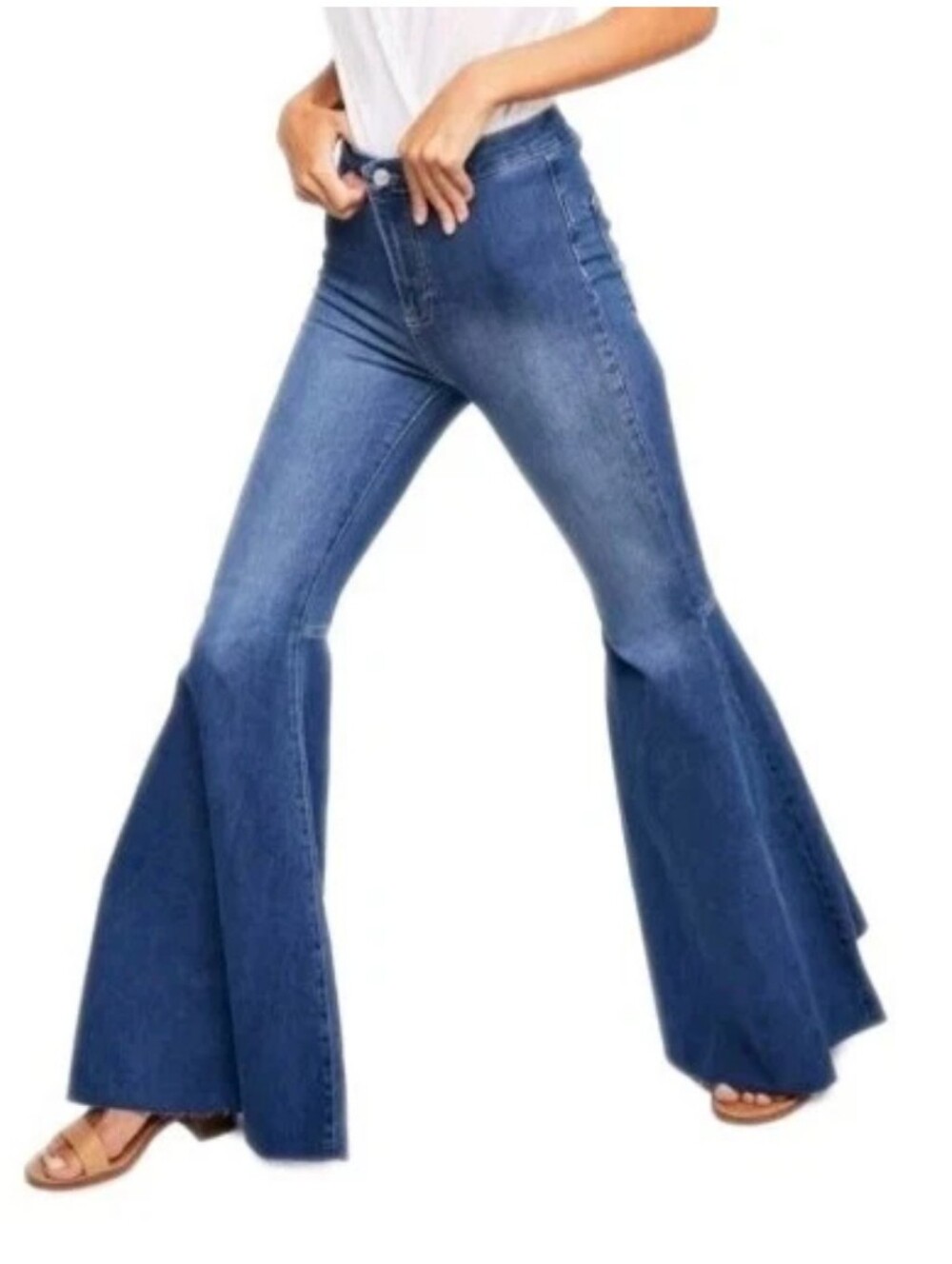 We The Free Float On Flares Bell Bottoms Jeans Sz 27/31" Blue Stretch Frayed Hem